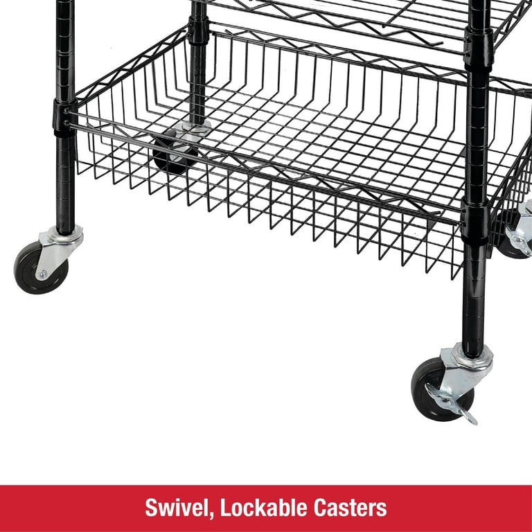 唐草3段メタルスタンド&ワイヤートレー（黒） Rubbermaid 3-Tier Heavy Duty Black Rolling Utility Cart with Solid