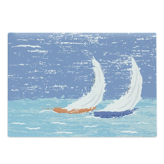 Nautical Cutting Board, Grunge Style Illustration of 2 Racing Sailboats in a Windy Ocean Water Print, Decorative Tempered Glass Cutting and Serving Board, Large Size, Pale Blue, by Ambesonne