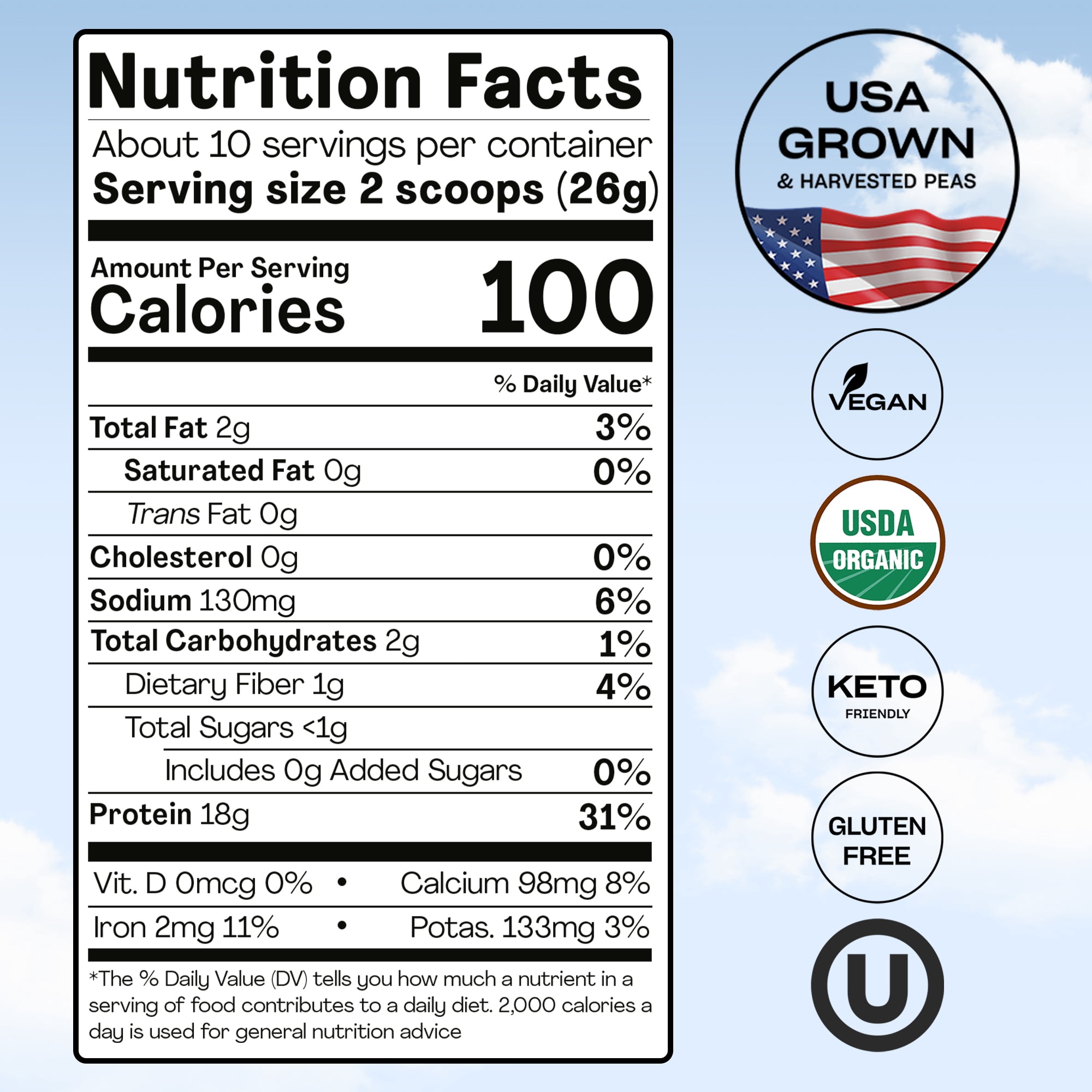 NUFYX Family Owned Organic Plant-Based Protein, Creamy Vanilla, 18g Protein per 100 Calories, USA Grown Peas
