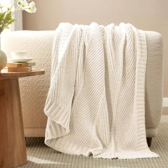 Chenille Knit Throw Blanket For Couch Texture Decorative Soft Blanket For Sofa Bed Chair 50x60 Ivory