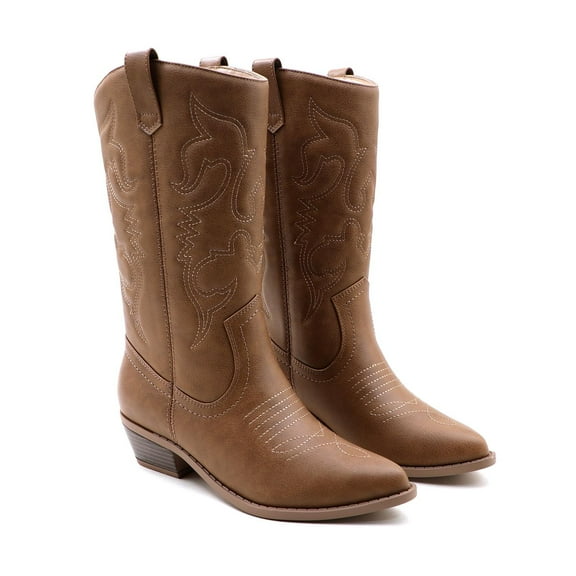 GJPBGK Women’s Western Mid-Calf Cowboy Boots Square Toe Pull-On Chunky Heel Boots PU Leather Wide Fit Riding Cowgirl Boots