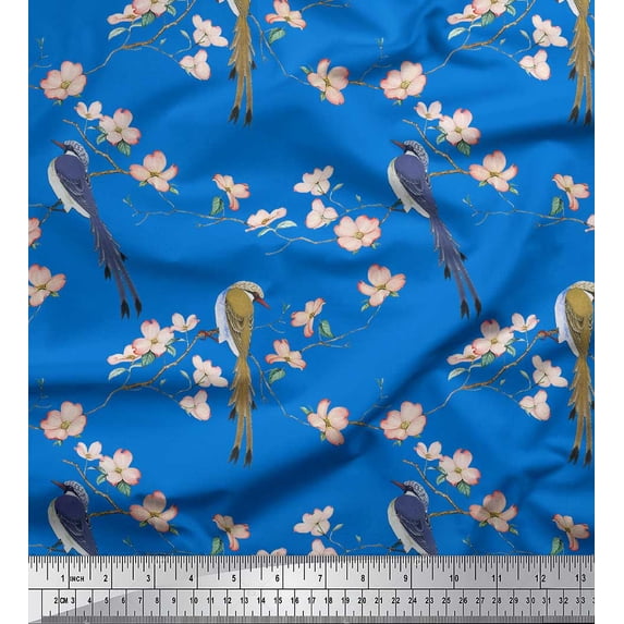 Soimoi Blue Cotton Voile Fabric Floral & Paradise Whydah Bird Print Sewing Fabric Yard 58 Inch Wide
