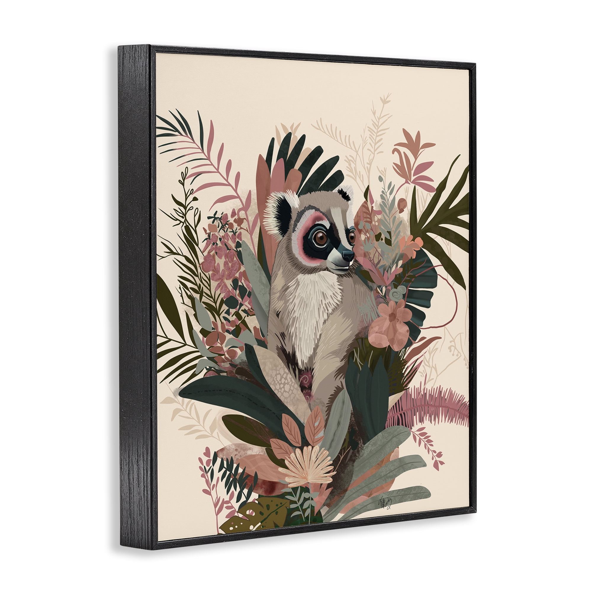 Stupell Industries Lemur with Hibiscus Plants Animals & Insects Painting Black Framed Art Print Wall Art, 16 x 20