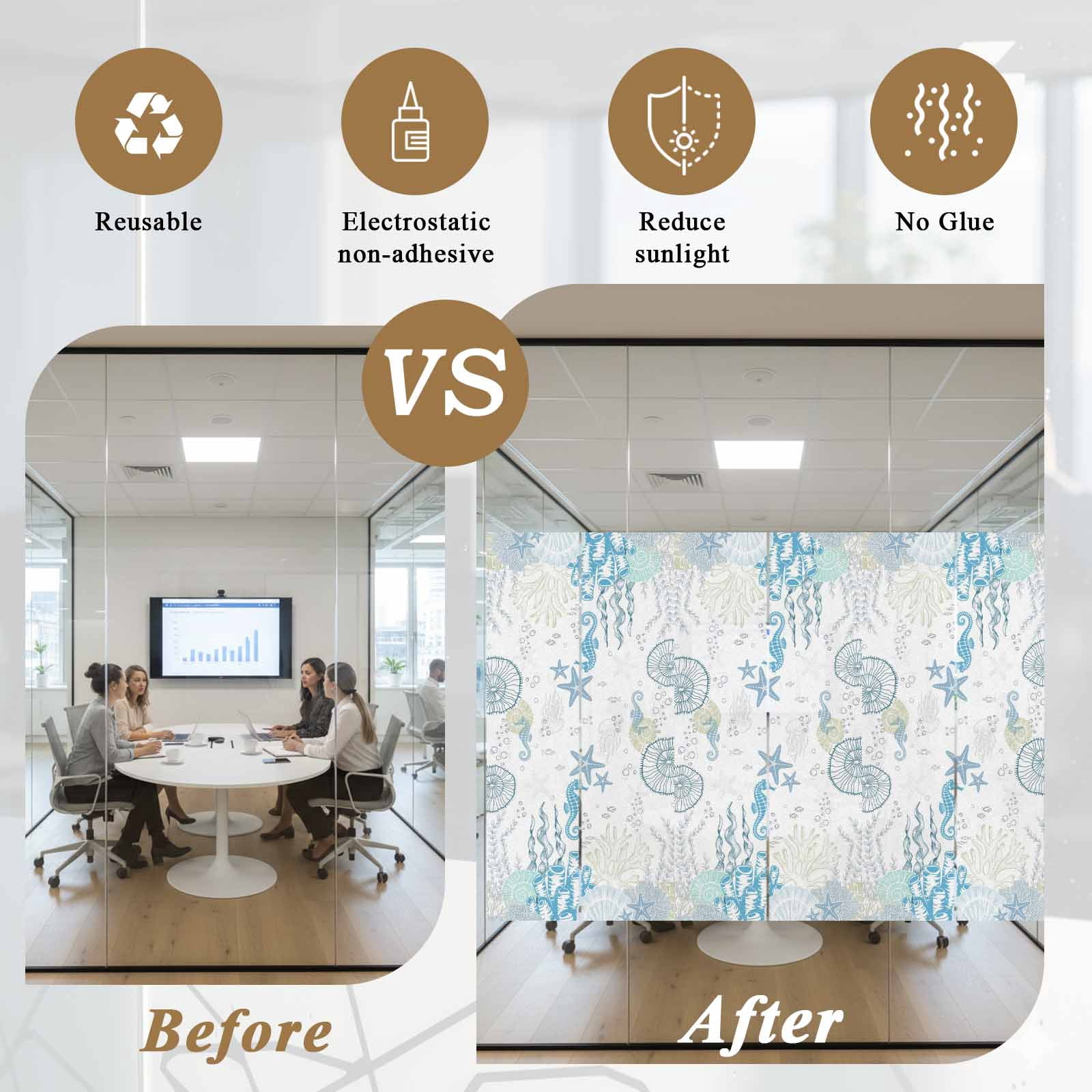 Coastal Blue Window Privacy Film, Ocean Coral Starfish Jellyfish Seahorse Static Cling UV Sun Blocking Heat Control Window Tint Day and Night, Non-Adhesive One Way Windows Privacy Cover 23.6''x59''