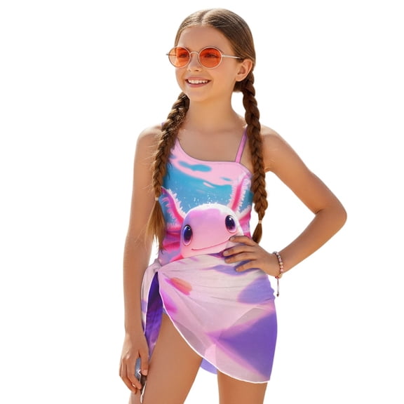 POLERO Girls' Cute Axolotl Print One-Piece Swimsuit with Mesh Cover Up - Quick Dry, Adjustable Straps for Beach & Pool Days