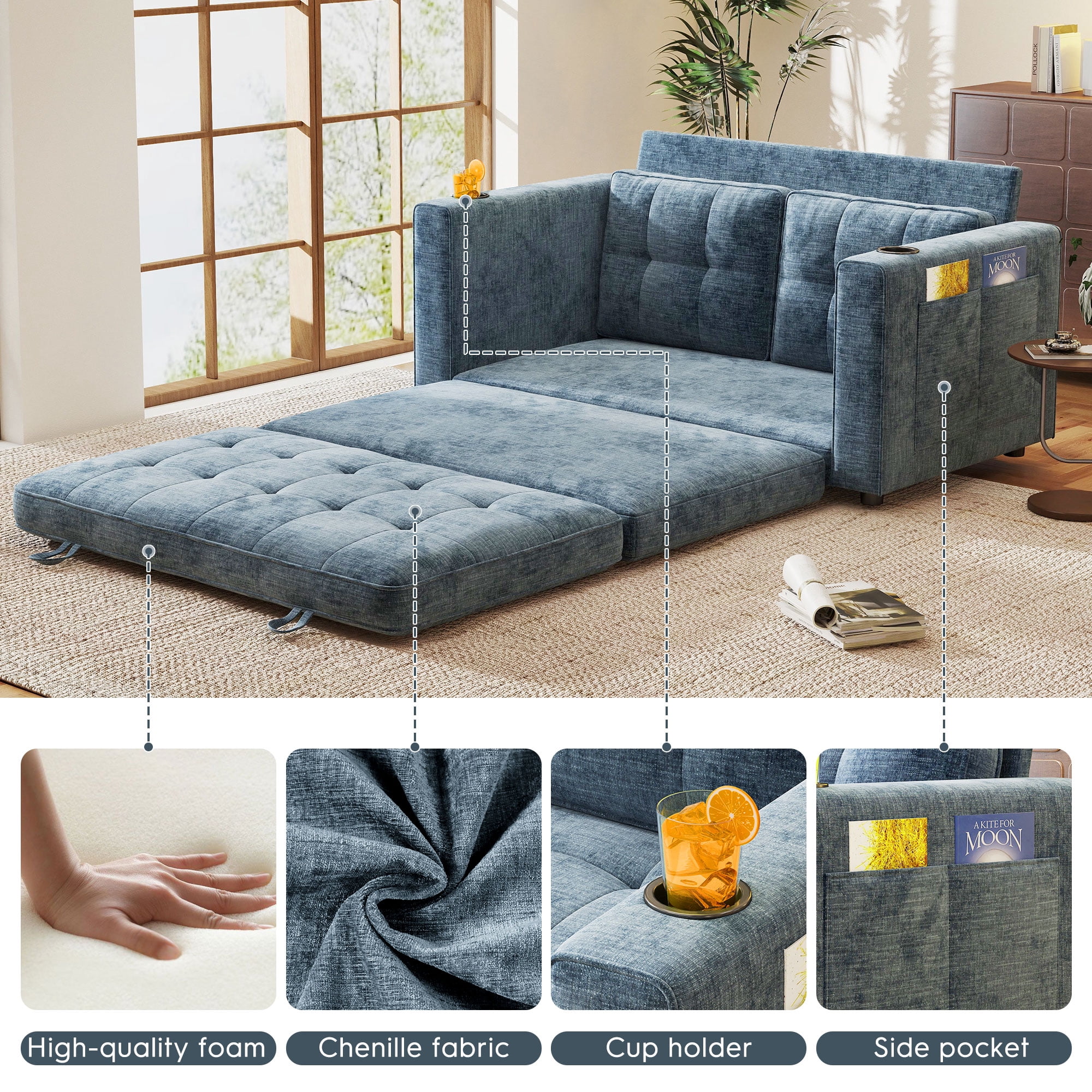 BedLuxury 55" Foldable Loveseat Futon Sofa Bed with Cup Holder & Storage Pocket, Sleeper Couch, Space Saving, Chenille Blue
