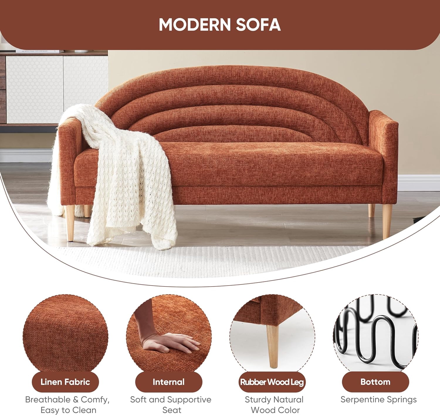 Zanmintaobo 63.8" Mid-Century Modern Loveseat,Tufted Rainbow Back Linen Upholstered Small Couch for Living Room & Apartment,700 LBS Capacity,Ocher