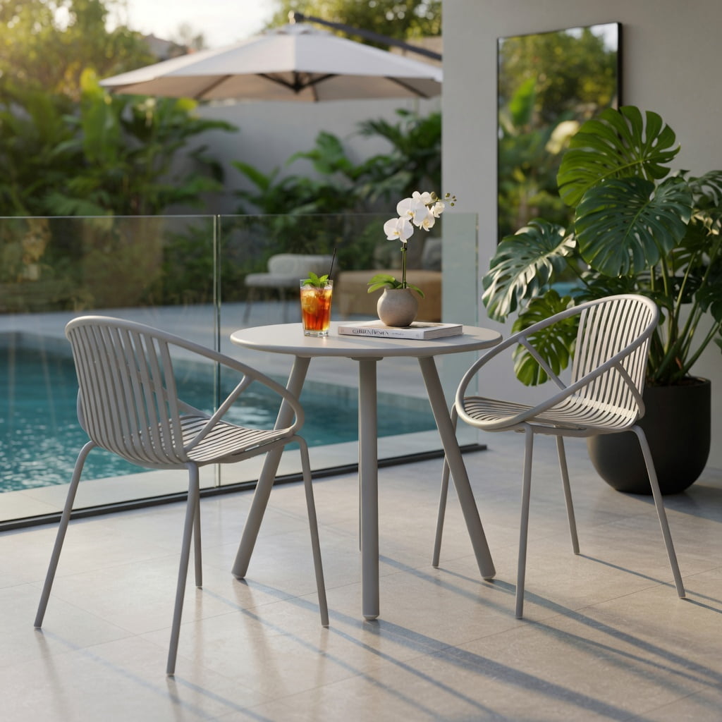 Hommoo All-Weather Outdoor Patio Conversation Set, 2 Ergonomic PP Chairs + Round Coffee Table, Heavy-Duty Metal Frame, Waterproof & UV-Resistant for Backyard, Poolside, Living Room, Gray