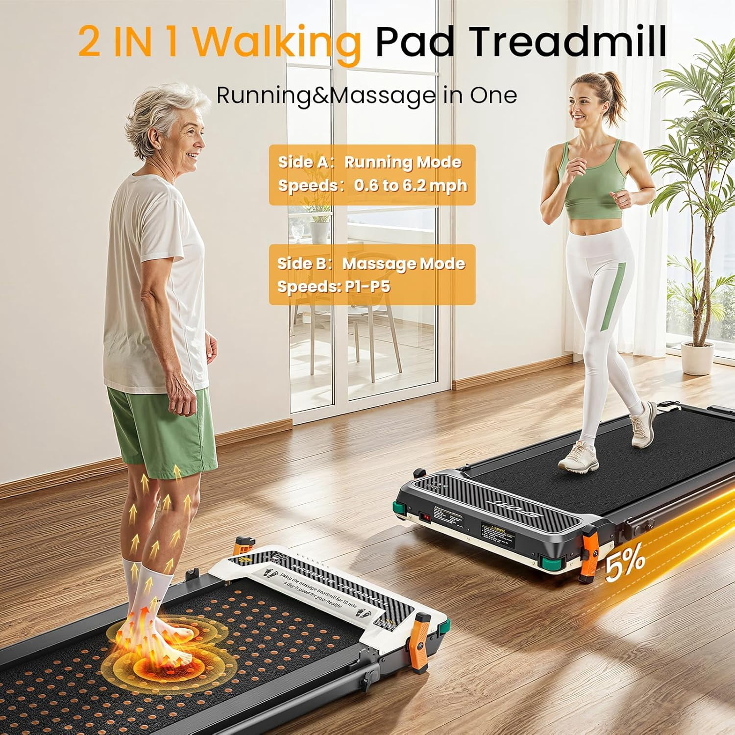 AKLUER 2 in 1 Walking Pad Treadmill with Incline & Shiatsu Foot Massager, 330LBS Capacity, LED Display, Remote Control for Home & Office
