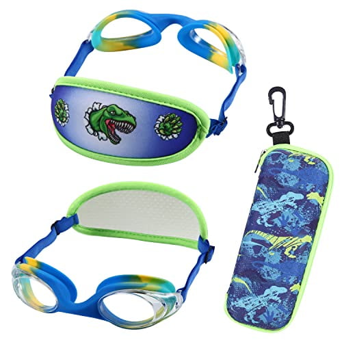 Gafas de natación RUIGAO Kid Blue Dino de 3 a 6 años con funda