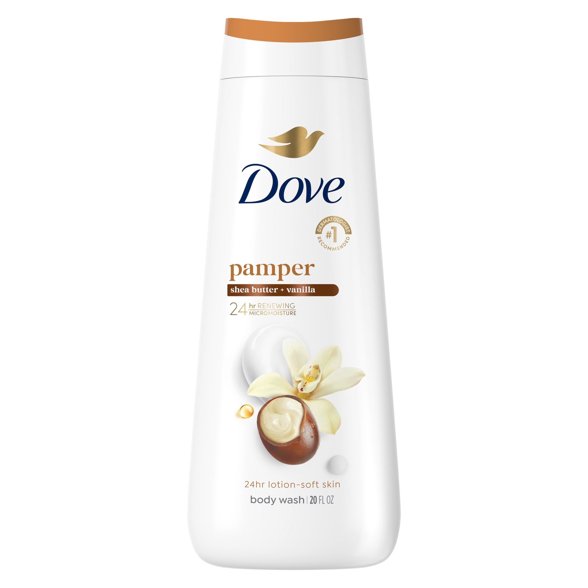 Dove Body Wash For 24hr Lotion-Soft Skin Pamper Shea Butter & Vanilla Moisturizing Skin Cleanser With No Sulfates No Parabens ,20 fl oz