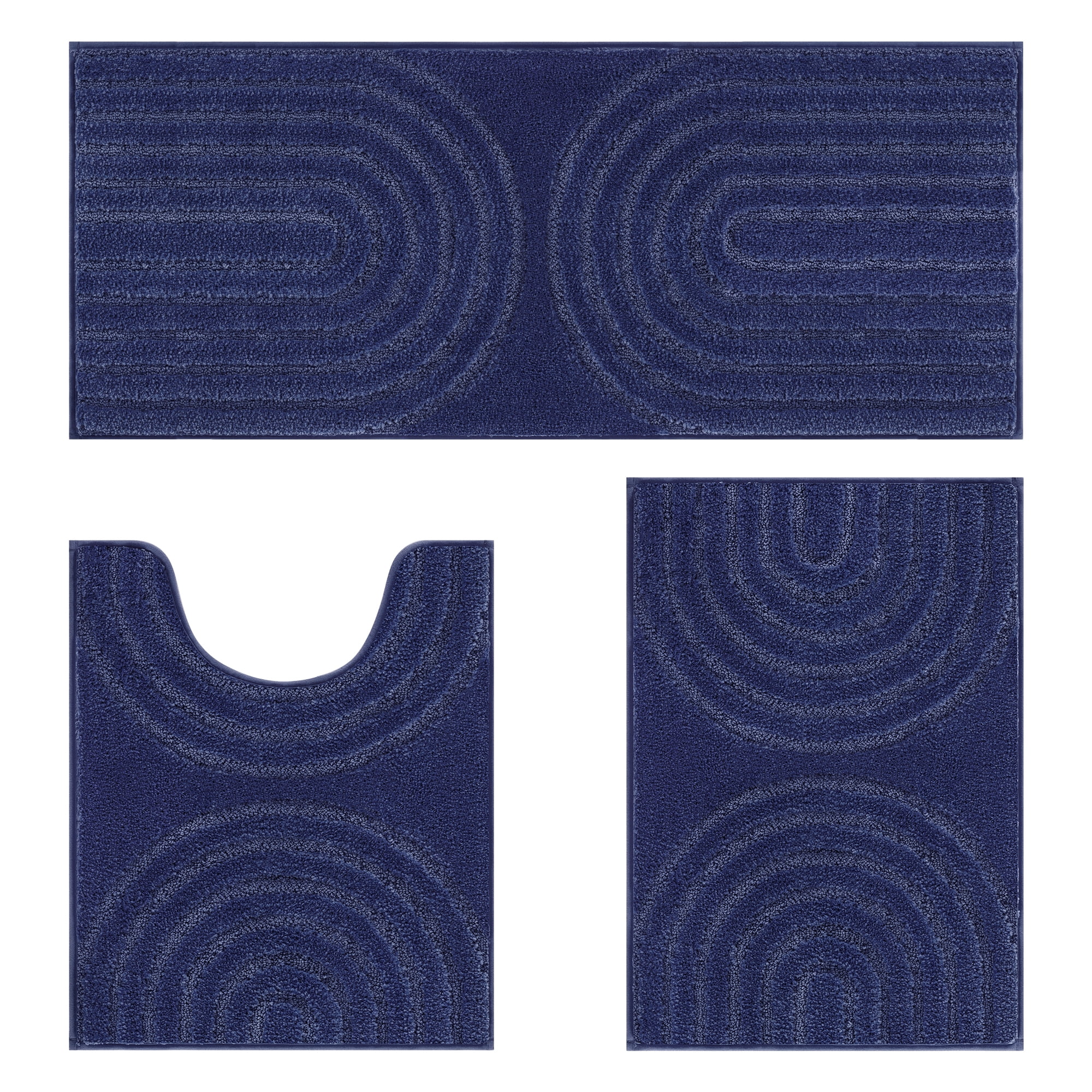Vaukki Geometric Bathroom Rug Set of 3 Microfiber Soft Absorbent Non Slip Bath Rugs for Bathroom，(18"x26"+20"x47"+20"x24"，Dark Blue)