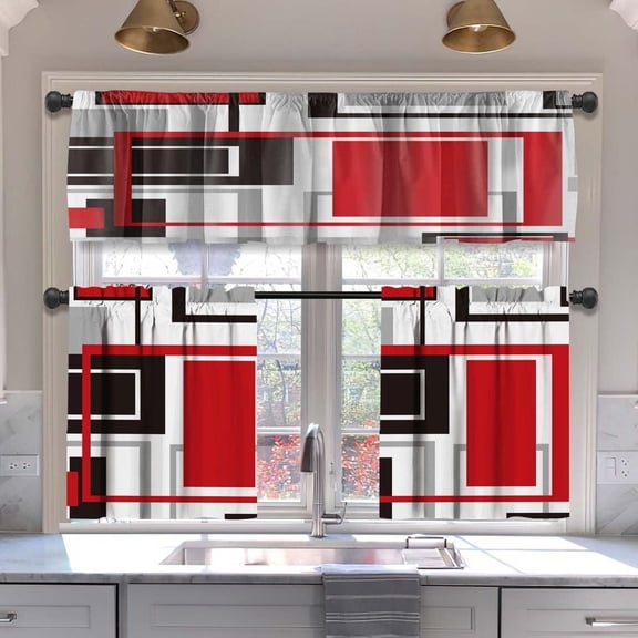 Red Kitchen Curtains Tiers and Valances Set 3 Piece for Windows Grey and Black Kitchen Window Curtains Set,Geometric Modern Art Valances for Living Room(36" Tiers Set)