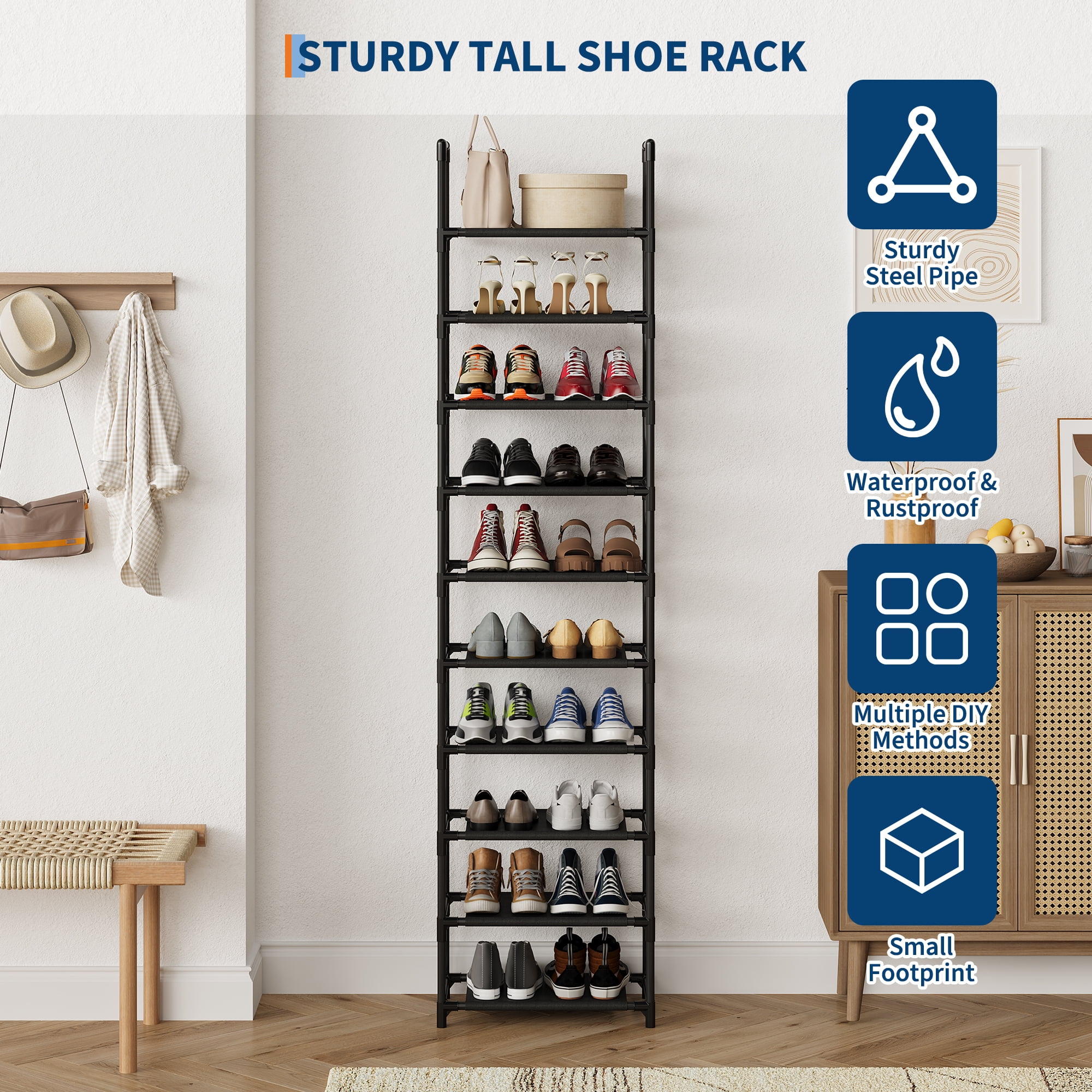 PYY 10-Tier Metal Shoe Rack Organizer – Space-Saving Tall Vertical Storage Stand – Removable Fabric Shelves – Sturdy Narrow Design for Entryway, Closet, Living Room and Home Office – 330*330*1730mm
