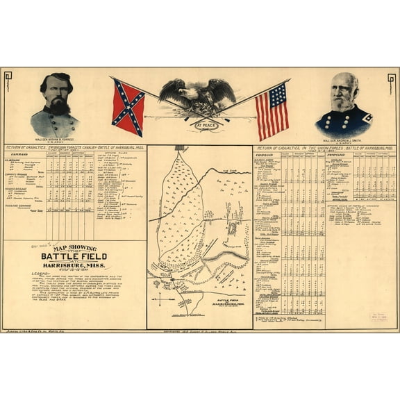 24"x36" Gallery Poster, battle field map of Harrisburg, Miss. July 13-15, 1864