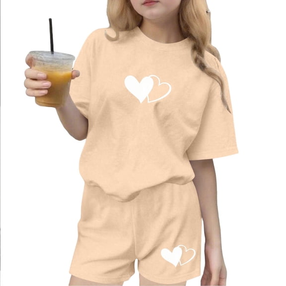 CYRBOKO Girls Outfit Sets, Casual Bretchable Elastic Waist Short Sleeve Kids' Activewear Sets Beige Size 9-10 T