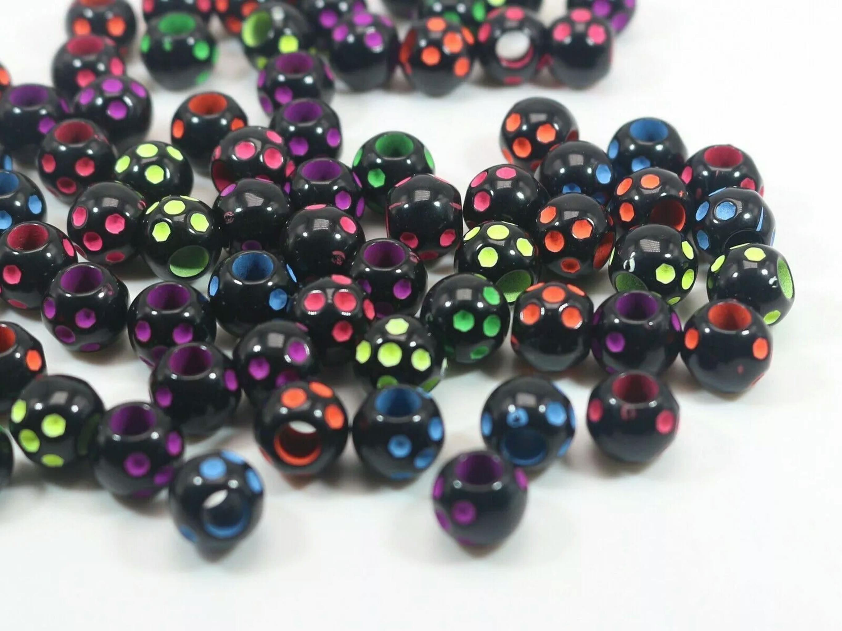 U8MO 200 Black with Neon Coloured Dots Round Pony Beads 10mm for Kids Craft Kandi