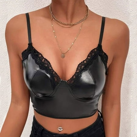 

DENGDENG Women Sexy Lace Leather Bra V-Neck Strappy Bralette Sports Push Up Wirefree Bra for Women Girls