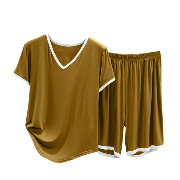 biudgviw Pajama Sets for Women Loose Short Sleeve V Neck Color Block Shirts Baggy Comfy Shorts 2 Piece Pjs Sleepwear Sets