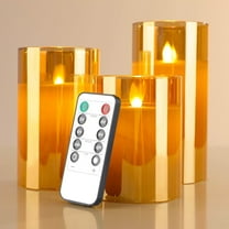 Glass Battery Operated LED Flameless Candles with Remote and Timer, Real Wax Candles Warm Color Flickering Light for Festival Wedding Home Party Decor(Pack of 3)-Gold