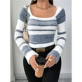 thumbnail image 5 of Women's Pullover Striped Knit Square Neck Sweater Color Block Long Sleeve Cute Trendy Fuzzy Sweaters Blue XS, 5 of 9