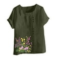 thumbnail image 4 of Fewfanhot Women's Linen Short Sleeve Top, Floral Print Button Round Neck Casual Blouse Loose Fit Bohemian Style T-Shirt for Spring Summer Daily Wear, 4 of 5