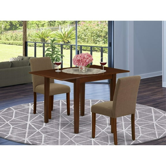 East West Furniture NDAB3-MAH-18 Modern Dining Table Set 3 Pc - Two Parson Chairs and a Dining Room Table - Mahogany Finish Wood - Coffee Color Linen Fabric