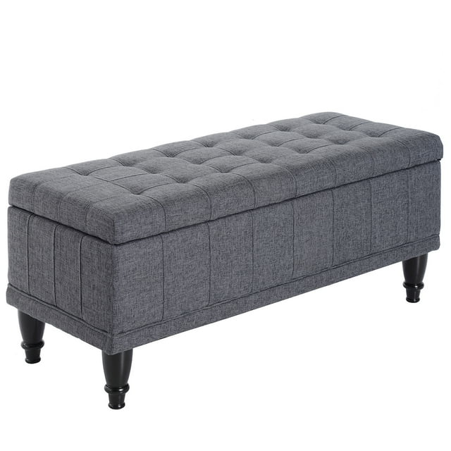 HOMCOM Banc de Rangement Pouf Repose-Pieds en Lin Capitonné avec Couvercle à Fermeture Douce