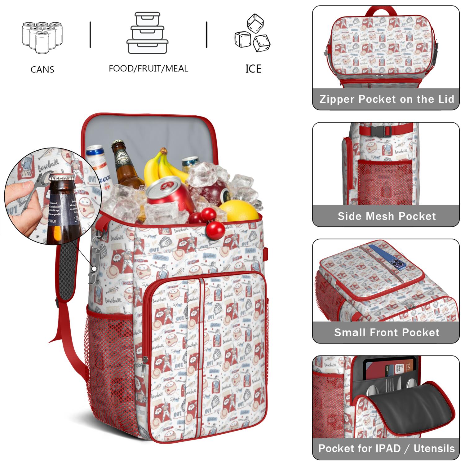 Travel Cooler Bag - Vintage Baseball Elements Pattern Camping Beer Cooler Backpack with Bottle Opener- Waterproof Insulated Picnic Backpacks - Cooler Bag for Beach