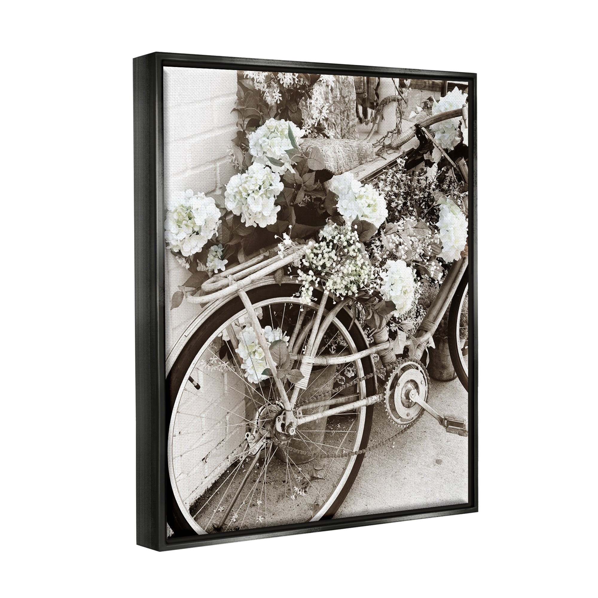 Stupell Industries Flower Blossom Covered Bicycle Vintage Neighborhood Photography Photograph Jet Black Floating Framed Canvas Print Wall Art, Design by Acosta