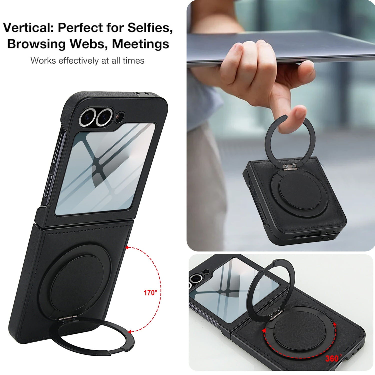 Compatible with Samsung Galaxy Z Flip 7 Phone Case,Built-in Screen Protector,360° Rotatable Ring Kickstand,Compatible with Mag-Safe,Anti-Scratch Leather Shockproof Rugged Phone Case,Black