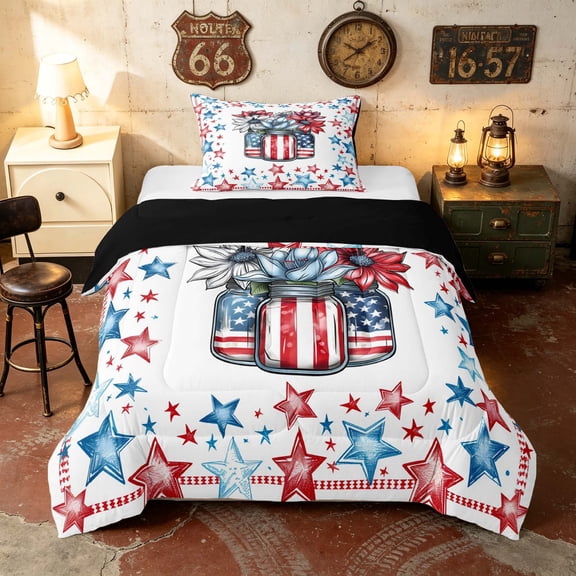 Manfei Colorful Stars Twin Comforter Sets, American Flag Bedding Set, Red White Blue, Black Reversible 2-Piece, 1 Comforter and 1 Pillowcase