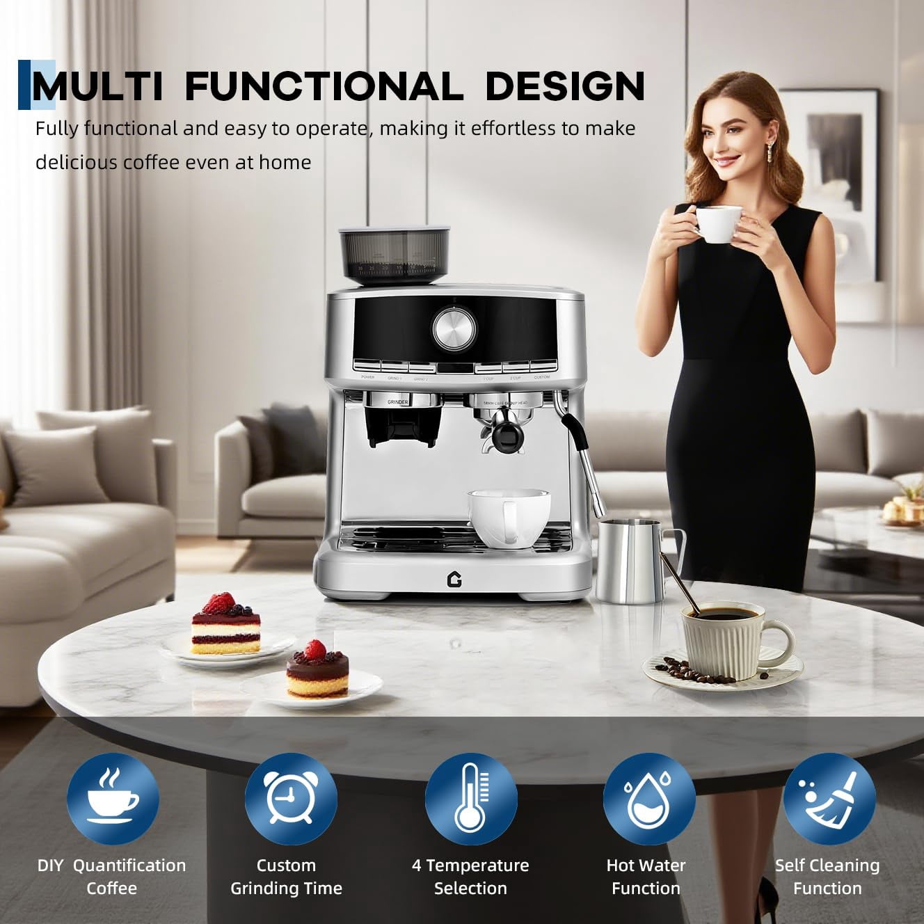 Danolapsi 20 Bar Espresso Machine with Built-in Grinder, Stainless Steel Coffee Maker with Milk Frother Steam Wand, 1.5L Removable Water Tank, Adjustable Shot Volume for Home & Office