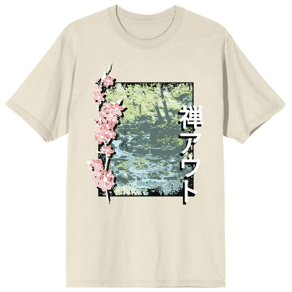 Natural World Cherry Blossoms With Kanji Text Men's Natural T-Shirt-3XL