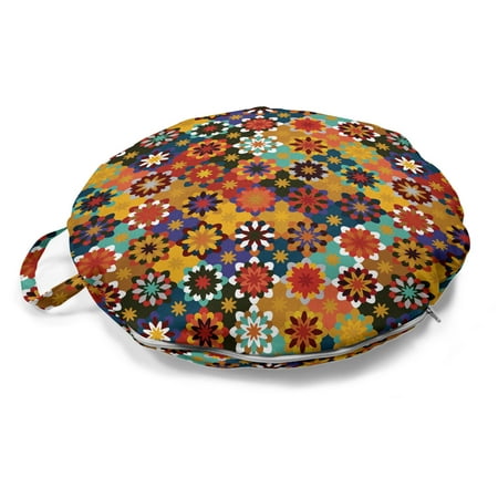 

Mosaic Round Floor Cushion with Handle Folk Geometric Flower Petals Ornamental Funky Traditional Fashion Retro Pattern Decorative Pillow for Living Room & Dorms 18 Round Multicolor by Ambesonne