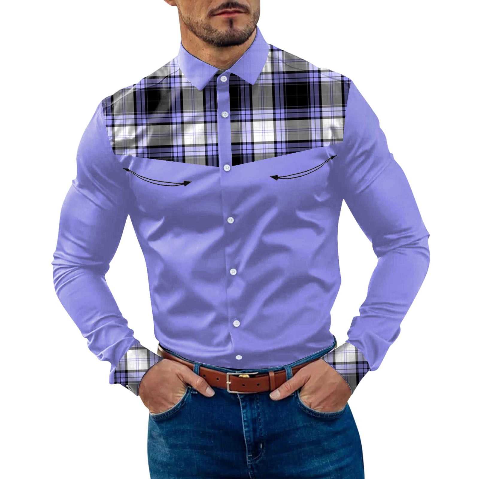 ZMHEGW Mens Shirts Plaid Patchwork Color Block Lapel Button Cuff Long