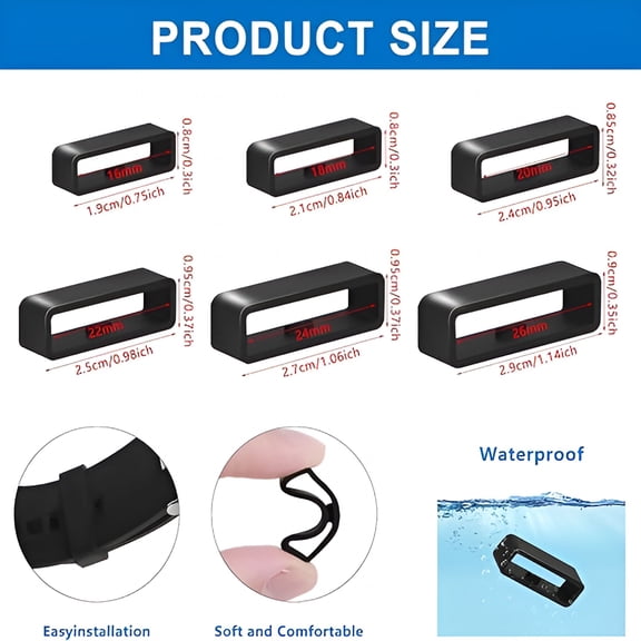 DESIGNICE 6 Pcs Watch Band Keepers,16Mm/18Mm/20Mm/22Mm/24Mm/26Mm Watch Strap Holder Loops Retainer,Black Silicone Watch Band Fastener Rings Replacement Parts for Smart Sport Watches