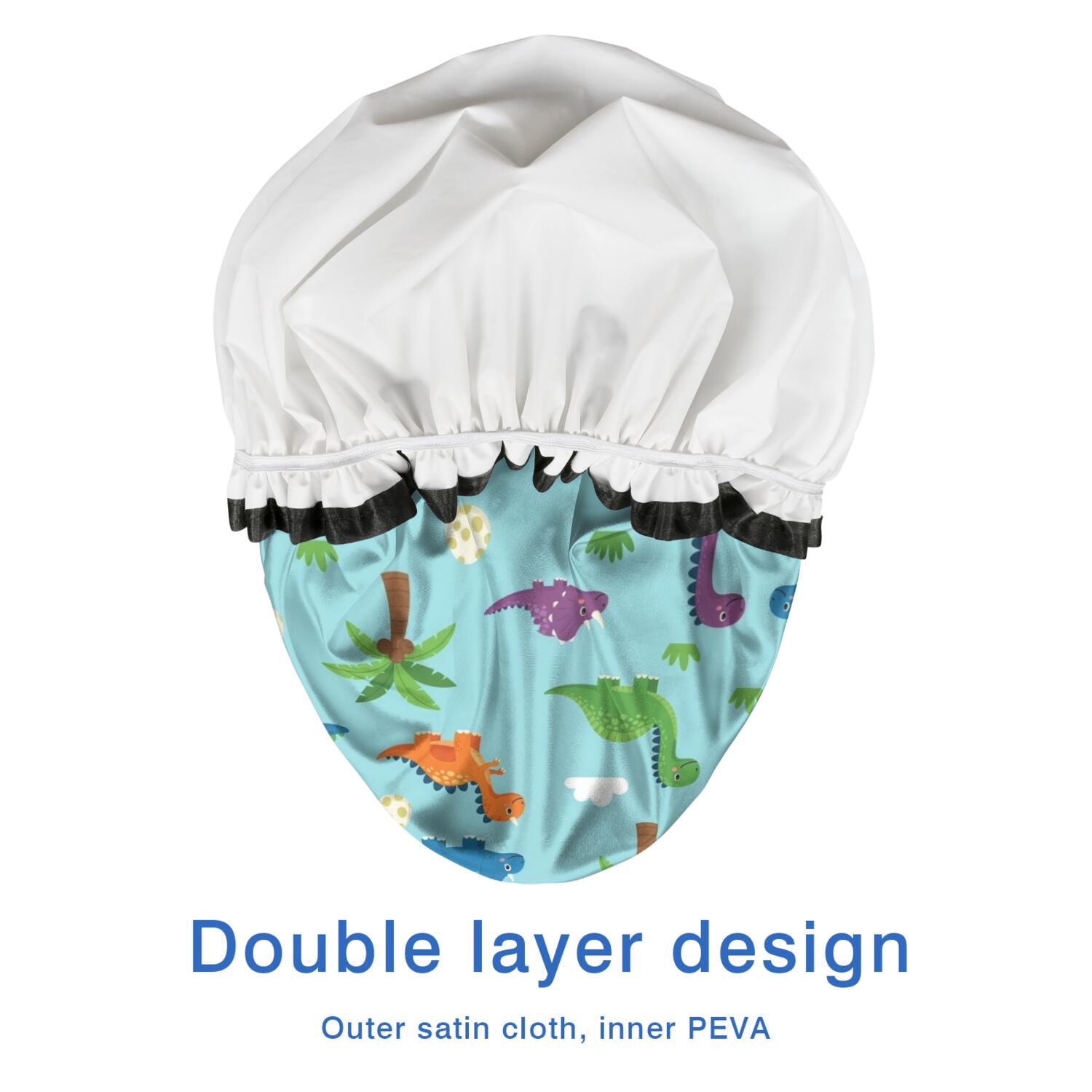 Shower Caps,Light Blue Dinosaurs Palms Eggs Pattern Waterproof Shower Cap for Women 4 Pieces,Double Reusable Hair Cover for Shower PEVA Elastic Stretch Hem
