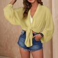 thumbnail image 5 of Pxiakgy Women's Deep V Neck Long Sleeve Tie Front Knot Chiffon Wrap Crop Top Blouse Swimwear Cover Ups Tops Self Tie Swimsuit Bikini Bathing Suit Long Sleeve Soft Beach Shirt for Women Yellow M, 5 of 9
