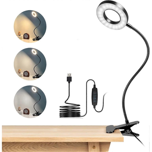 48 LED Clip Desk Lamp 360 Flexible Clip-on Reading Lamp 3 Lighting Modes & 10 Brightness Levels USB Led Desk Lamp for Study and Work, Black