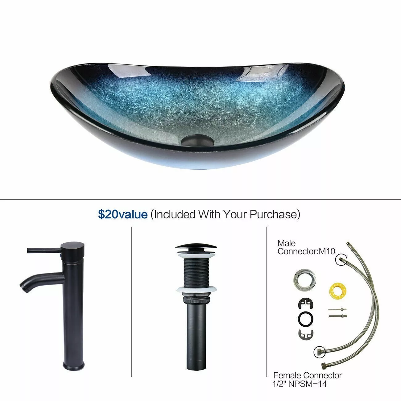 ELECWISH Bathroom Sink and Faucet Combo Artistic Tempered Glass Vessel Sink Basin Washing Bowl Set, Cabinet Countertop Sink with Chrome Faucet Pop-up Drain (Oval)