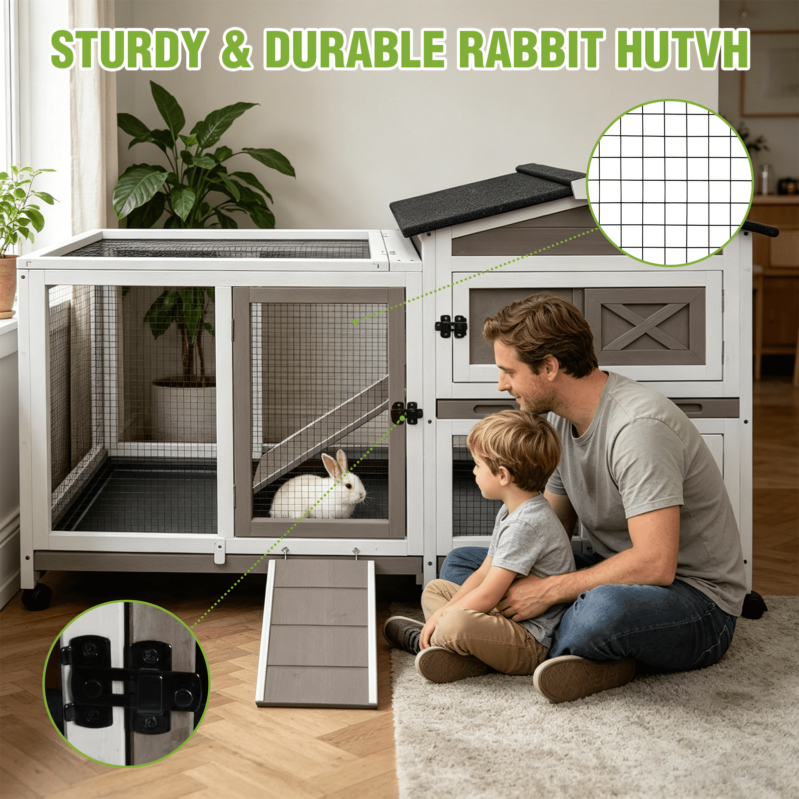 Aivituvin 55.2" Rabbit Hutch Indoor Outdoor, 2-Story Bunny Cage with Chew-Proof Full Metal Frame, 6 Locking Casters, 2 Pull-Out Trays for Rabbits Guinea Pigs Small Pets