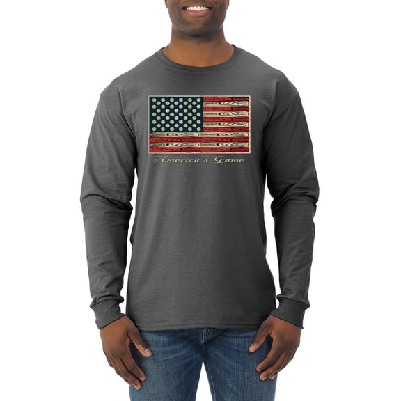 Wild Bobby, American Game Flag Baseball Bat Ball, Sports, Men Long Sleeve Shirt, Heather Black, Small
