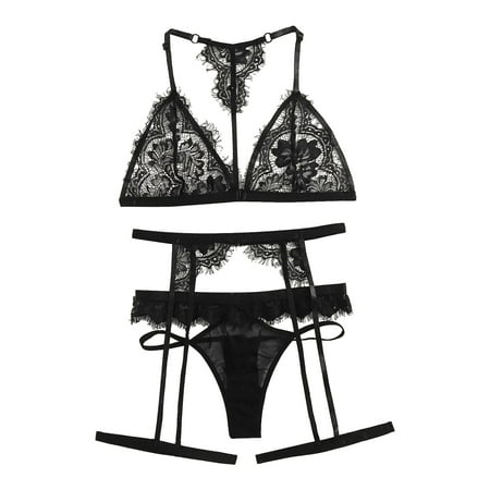 

YDKZYMD Black Bra and Panty Sets for Women with Garter Strappy Lace Sexy Eyelash Lingerie Sets 3 Piece L