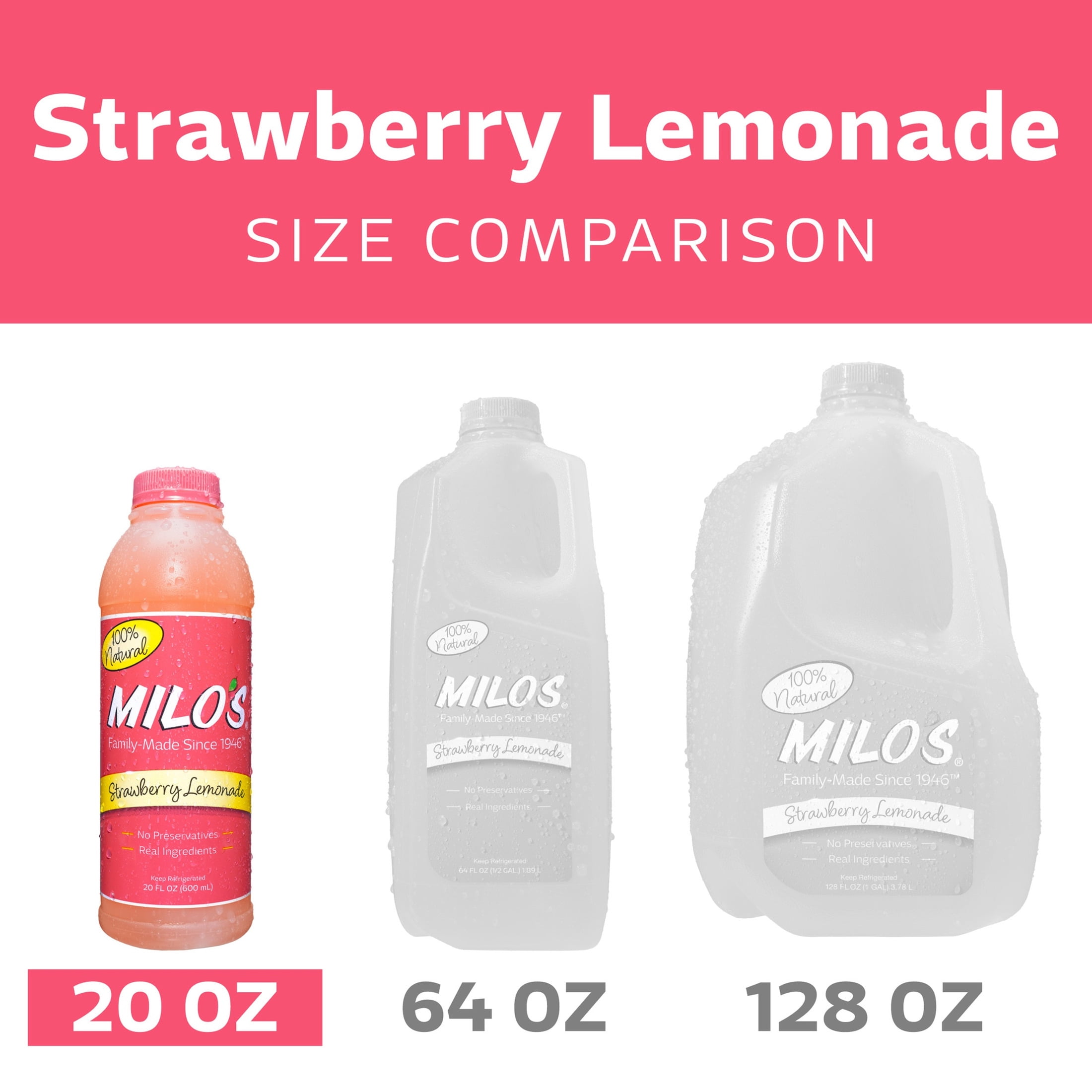 Milo's Strawberry Lemonade, Refrigerated Juice Drink, 20 fl oz Bottle, 100% Natural, No Preservatives, Made Fresh Daily