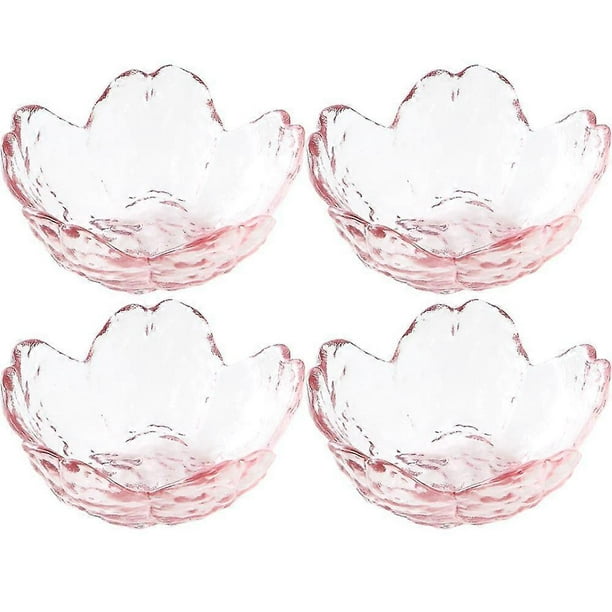 Pink Glass Bowls Set of 4, Small Dipping Dishes Sauce Plates- Japanese Sakura Flower Cherry Blossom Shaped Bowl