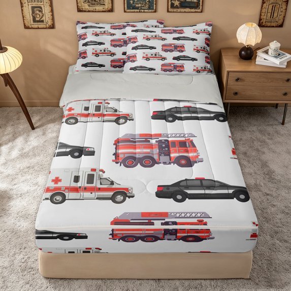 Erosebridal Cartoon Fire Engine Truck Zipper Twin Comforter Sets with Fitted Sheet and 2 Pillowcases for Boys Men, Ambulance Vehicle Zipper Bedding Set, Gray Reversible, 4pcs