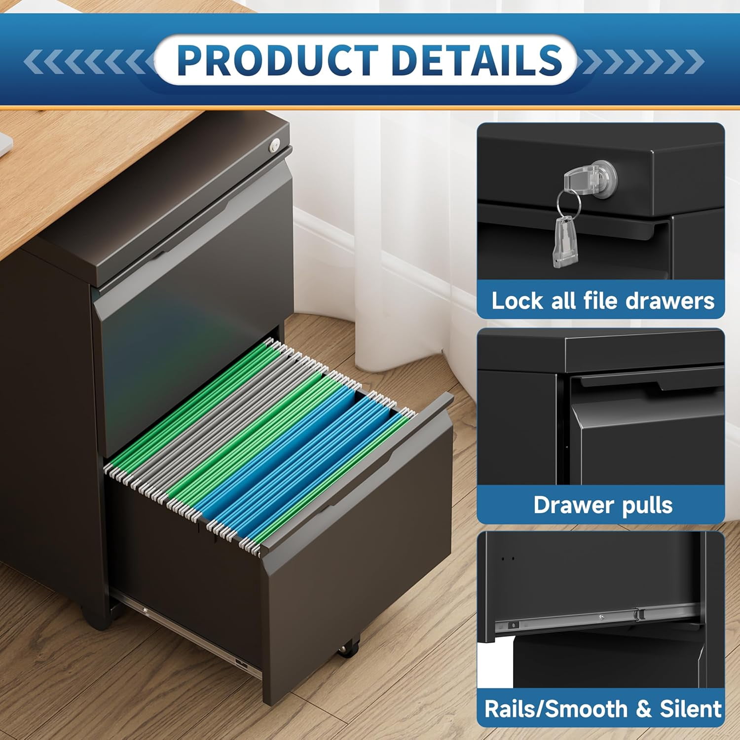2 Drawer File Cabinet with Lock,Under Desk Storage Metal Filing Cabinet for Legal/Letter/A4 File,Mobile Rolling File Cabinet for Home Office- Assembly Required(Black)