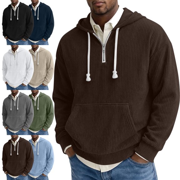 SYwaren Men's Quarter Zip Corduroy Hoodie Pullover Sweatshirt Solid Color Kangaroo Pocket Casual Outdoor