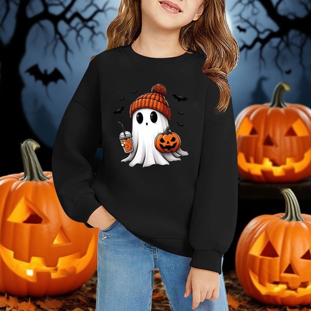 Chandail à Col Rond à Manches Longues pour Enfants, Décontracté et Tendance, Imprimé 2D d'Halloween, Noir